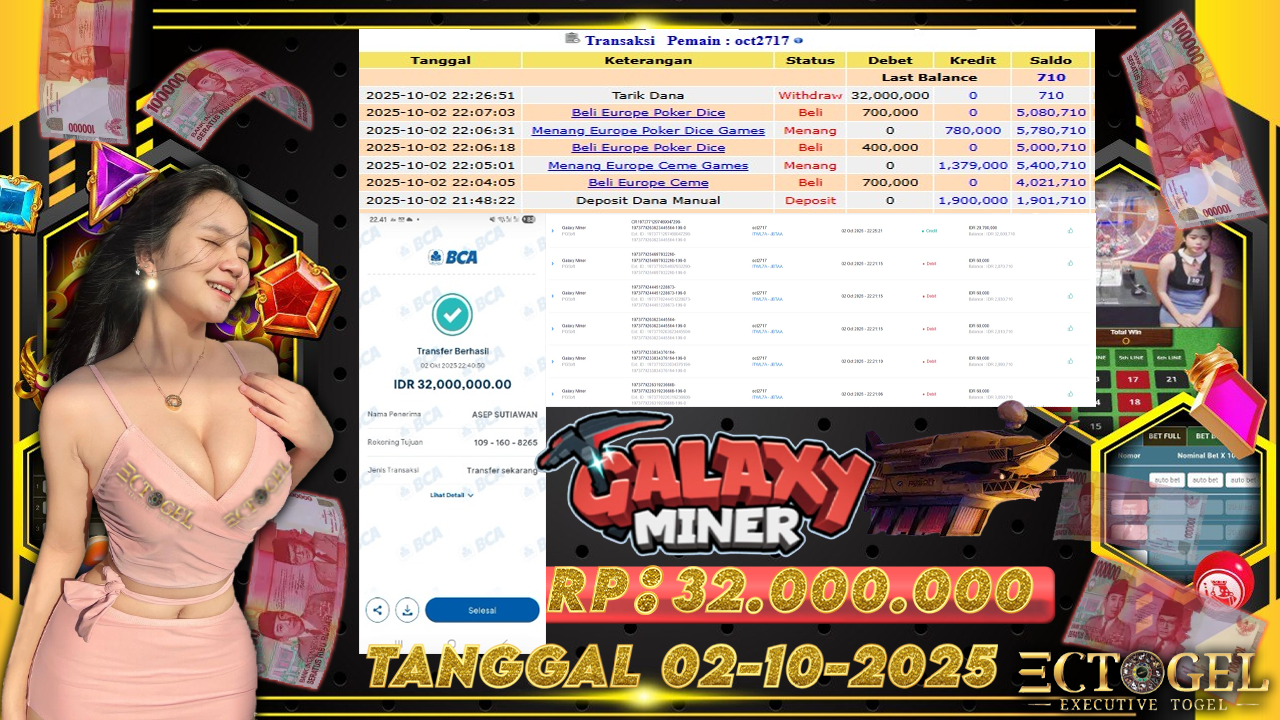 BUKTI JACKPOT SLOT PG SOFT GALAXY MINER TERPERCAYA DI INDONESIA TGL 02-10-2025